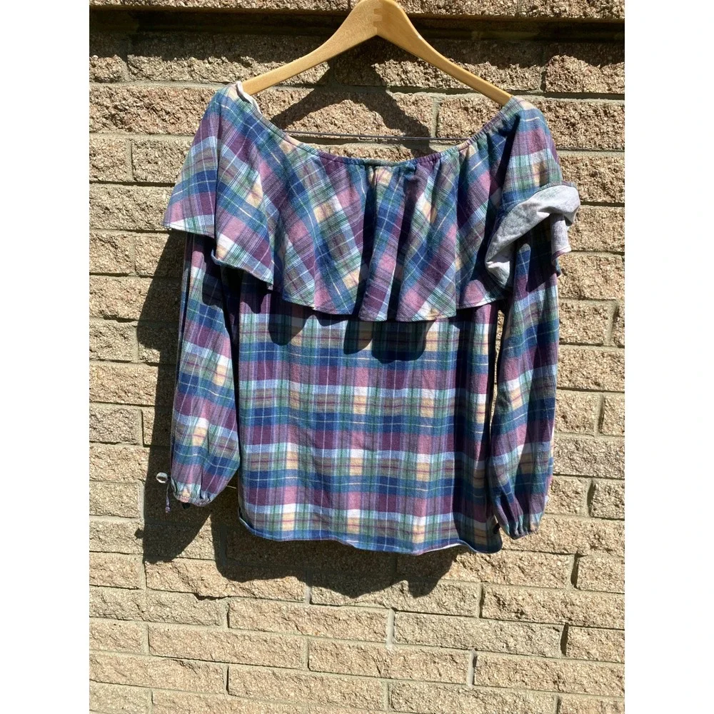 Vintage 1990s Plaid Ruffle Blouse Purple Check USA Medium Cottage Peasant Retro - Picture 5 of 5